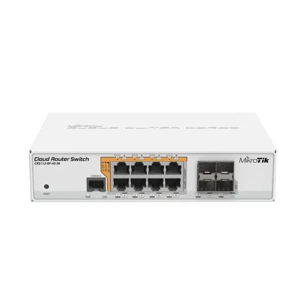 Mikrotik Cloud Router Switch CRS112-8P-4S-IN, QCA8511 400Mhz CPU, 128MB RAM, 8×G-LAN PoE-out, 4×SFP, RouterOS L5, desktop kućište, PSU