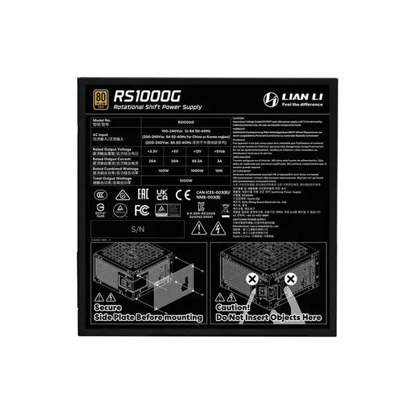 Napajalnik ATX Lian Li RS 1000W, 80 PLUS Gold, 12V-2×6, Modularen, črn