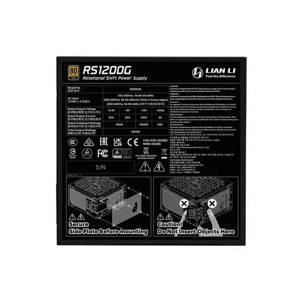 Napajalnik ATX Lian Li RS 1200W, 80 PLUS Gold, 12V-2×6, HUB, Modularen, črn