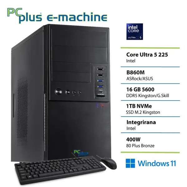 PCPLUS e-machine Core Ultra 5 225 16GB 1TB SSD Windows 11 Pro tipkovnica miška namizni računalnik