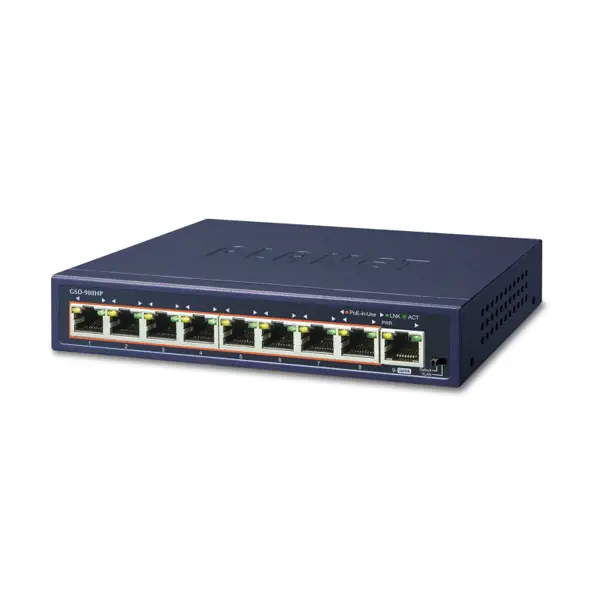 PLANET Gigabit Preklopnik (Switch) 8-port 10/100/1000Mbps sa 8-Port 802.3at PoE + 1-port Gigabit Ethernet Switch (120W POE Budget with External Power Supply)