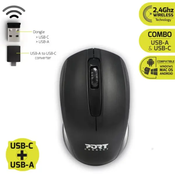 Port miš BUDGET bežični, USB-C & USB-A, crni