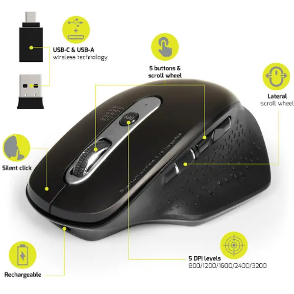 Port miš OFFICE EXE punjivi WL+BT, USB-A/C, crni