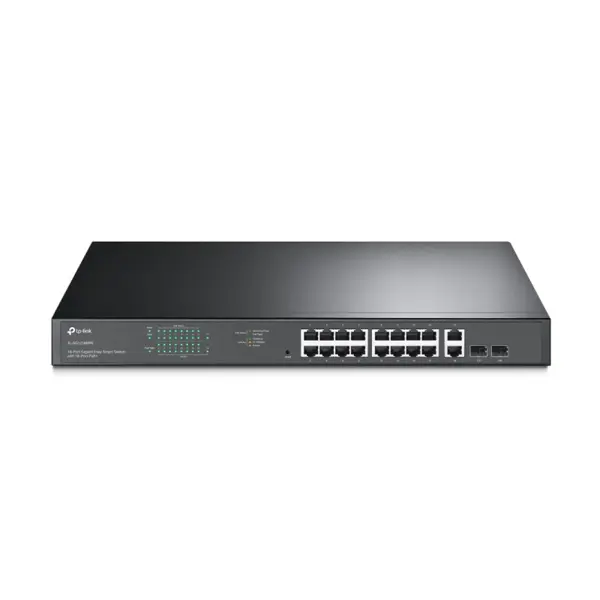 TP-Link JetStream 16-port Gigabit EasySmart PoE+ preklopnik (Switch), 16×10/100/1000M RJ45 PoE, 2×SFP Gigabit, 1U 19" rack-mount kućište (192W)
